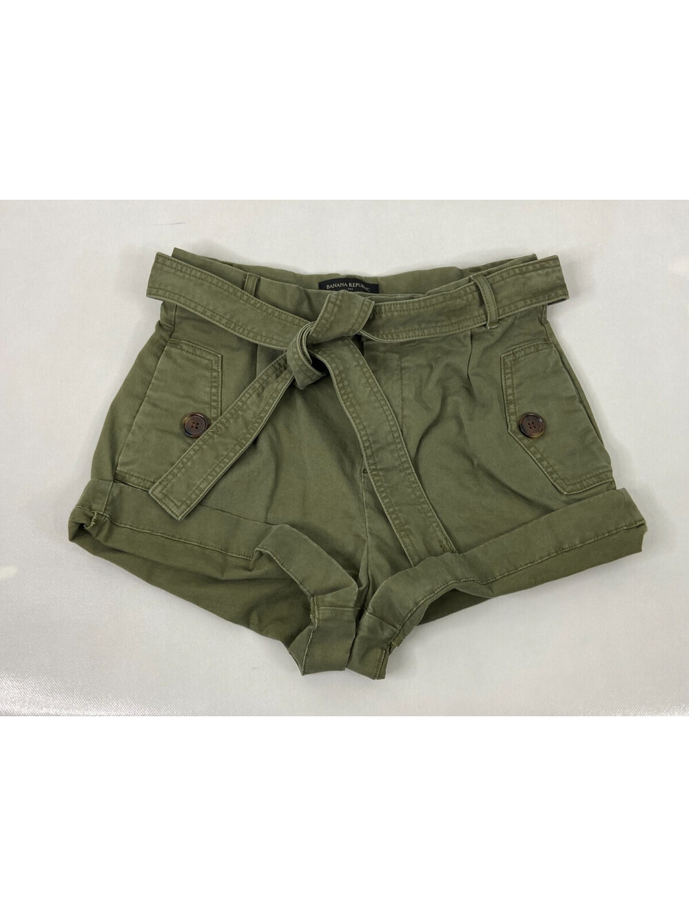 Banana Republic Women Petite 2 Green Chino Shorts Tie Belt Casual Beach